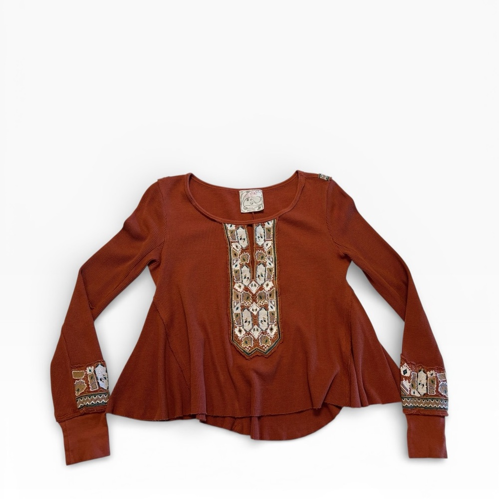 FREE PEOPLE Primrose Thermal Boho Embroidered Peplum Folk Top | XS | Retail $119 - Picture 2 of 8